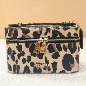 Coach Leopard Print Leather Cosmetic Makeup Case CCF43 Gold Zip Large